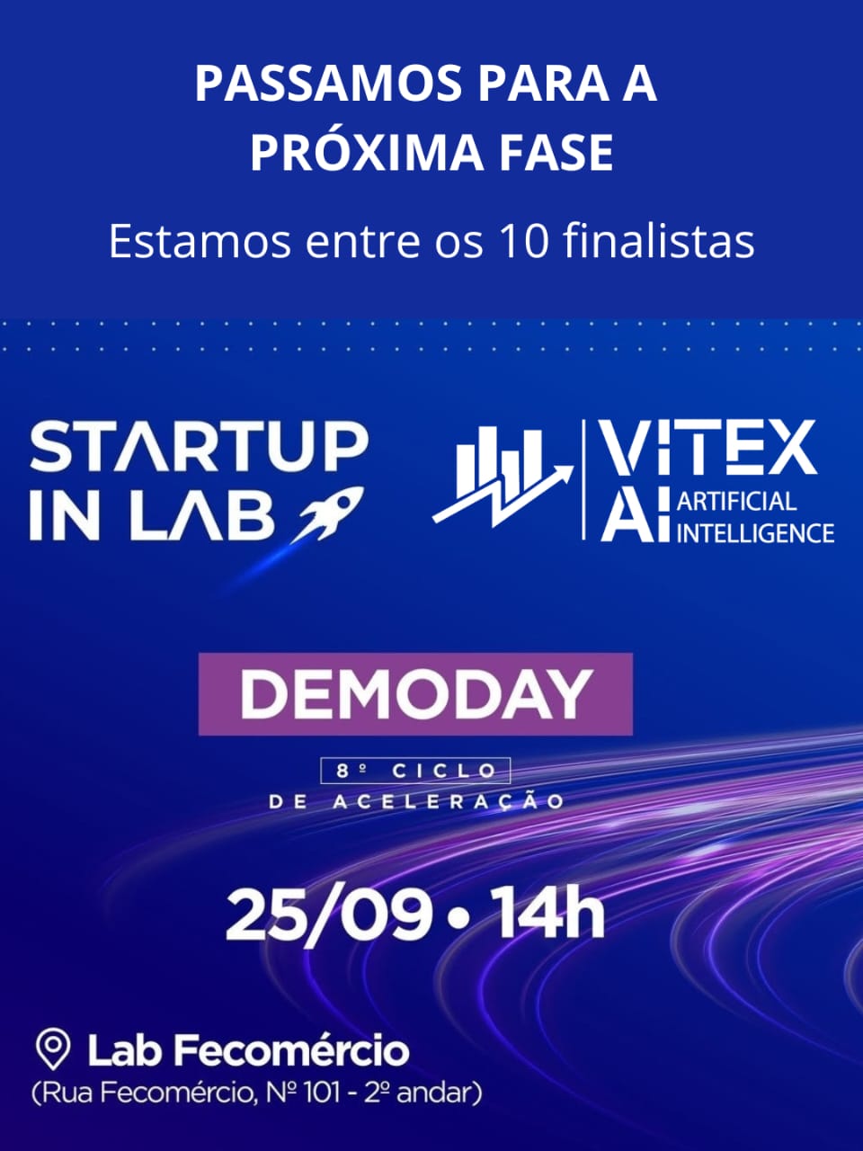 Imagem ilustrativa com logo da VitexAI e Startup In Lab, comemorando a seleção entre os 10 finalistas